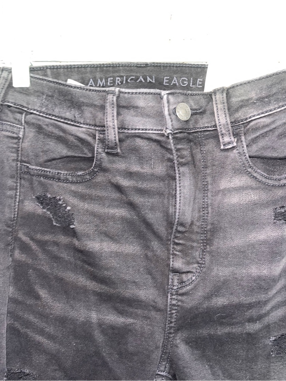 American Eagle Super Hi-Rise Jegging Jeans 4 Short Black Distressed Ripped - Picture 4 of 6
